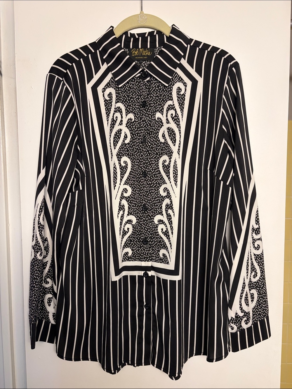 Vintage  Bob Mackie Wearable Art Black & White Striped Pattern LS Blouse - NWOT